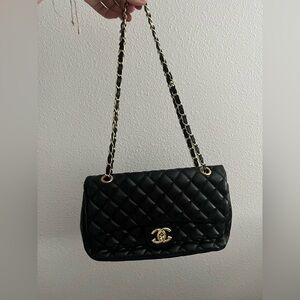 Black Quilted Shoulder Bag with Gold Chain